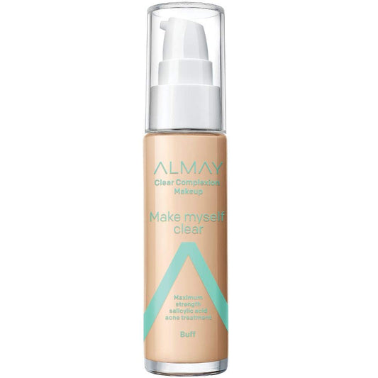 Almay foundation bottle close-up highlighting salicylic acid for blemish-prone skin.