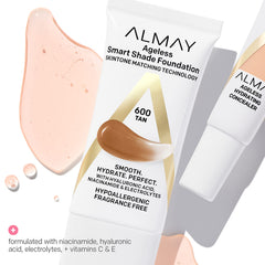 Foundation contains niacinamide and hyaluronic acid to support even tone and hydration.