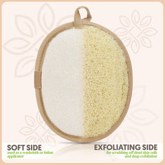 Almooni flexible loofah sponge shaping to body contours for thorough cleansing.