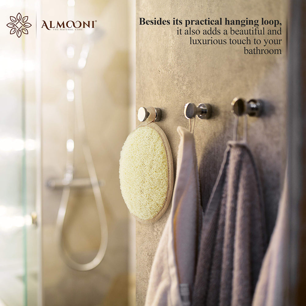 Almooni loofah gift-packaging with drawstring pouch makes a thoughtful gift.
