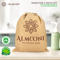 Almooni loofah sponge with anti-fray edging for enhanced durability.