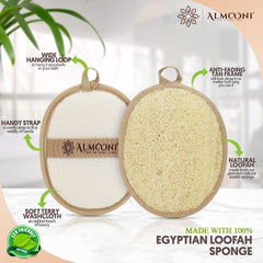 Almooni loofah sponge with hand-strap for easy cleansing.