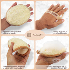 Almooni loofah sponge showing terry-side for oil and dirt removal.