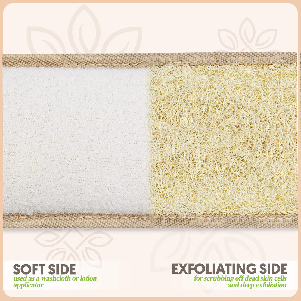 ALMOONI double-sided loofah removes oils and debris with terry cloth.