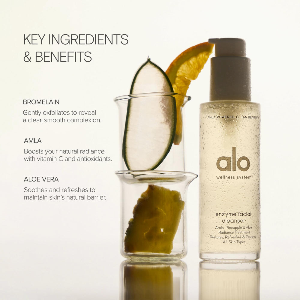 Alo Enzyme Cleanser with aloe leaf highlighting soothing properties