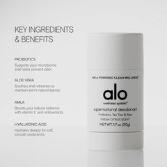 Alo Supernatural Deodorant ingredient list featuring aloe and hyaluronic acid.