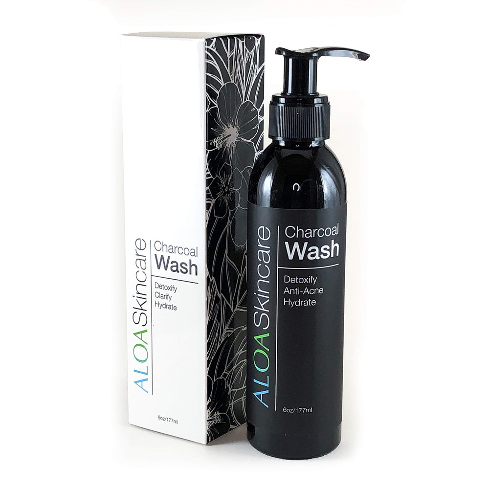 ALOA Detoxifying Charcoal Face Wash bottle close-up for deep pore cleansing.