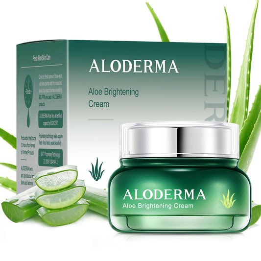 Aloderma Brightening Facial Cream bottle close-up highlighting hydration