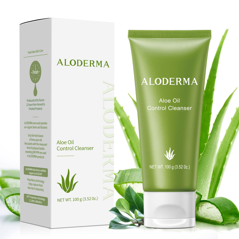 Aloderma oil-controlling cleanser bottle showing the purifying daily ritual benefit