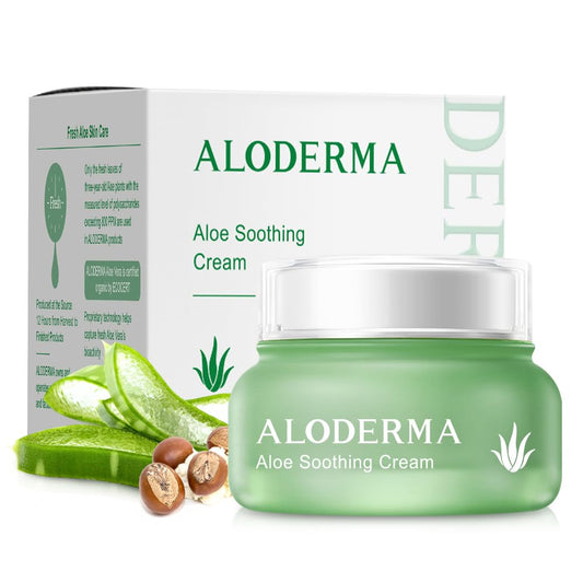 Aloderma Soothing Face Cream bottle with 75% organic aloe vera for hydration.