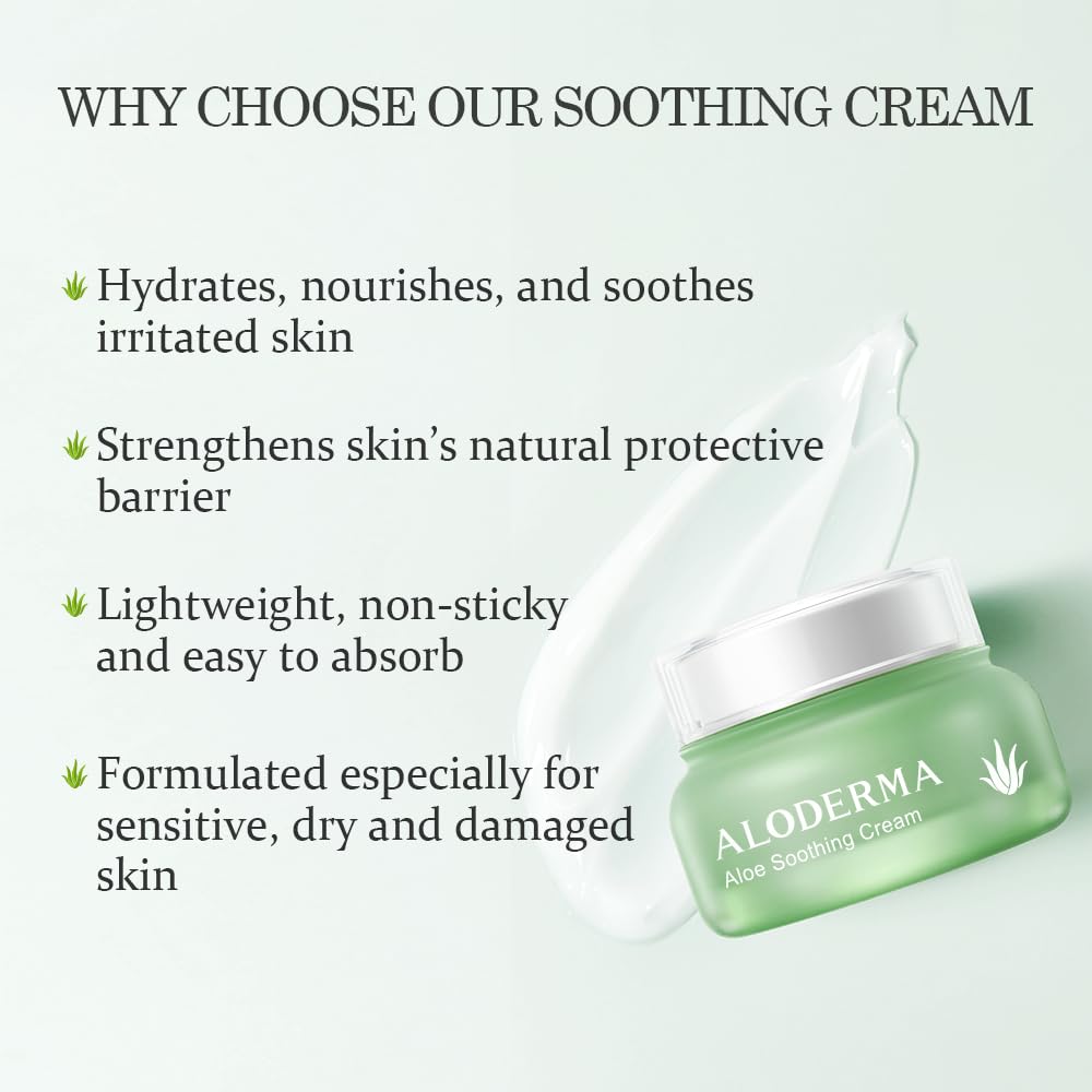 Aloderma Soothing Face Cream jar with squalane and vitamin E for calm skin.