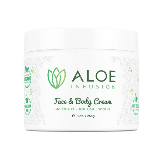 Aloe Infusion face and body cream bottle showing versatile hydration for dry skin