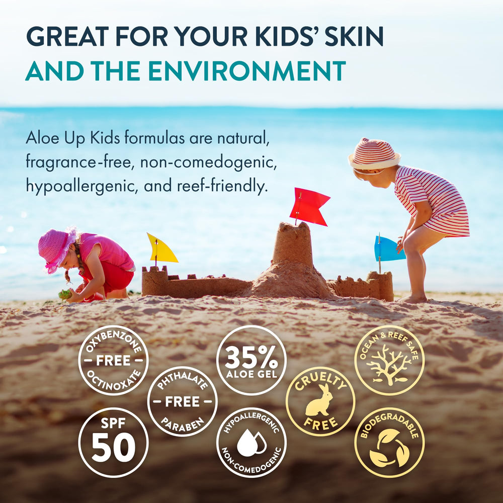 Aloe Up Kids SPF50 spray being applied, fast-drying texture on skin