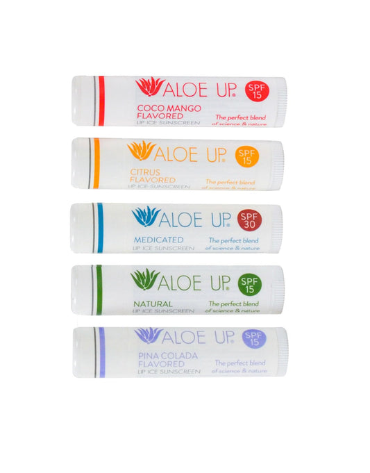 A Aloe Up Lip Ice 5-pack front view showing SPF lip balms for daily sun protection