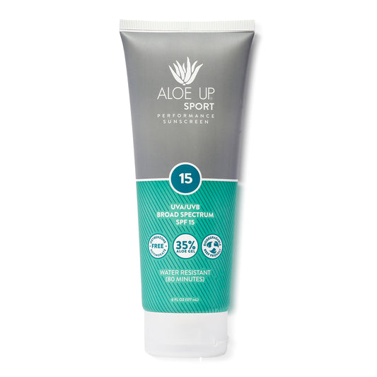 Aloe Up sport sunscreen lotion bottle ready for outdoor activities with broad spectrum protection.