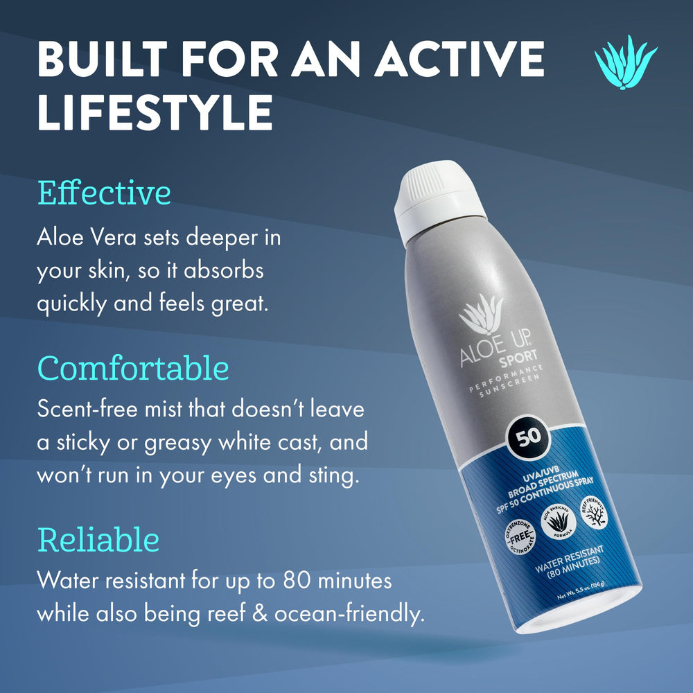 Aloe Up SPF 50 spray applied to face and body for active days.