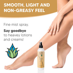 AloeHydrate hands applying spray for easy arm and leg hydration.