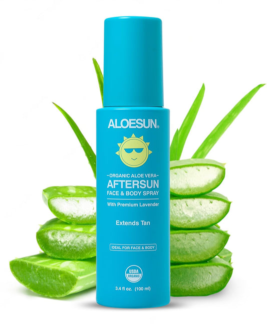 ALOESUN after-sun spray bottle for soothing, non-sticky hydration after sun exposure.