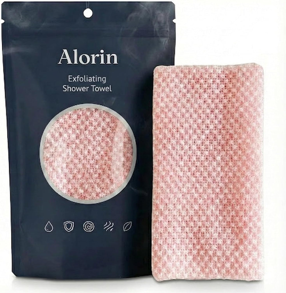 Alorin Towel hexagonal weave exfoliates for smoother skin after one shower.