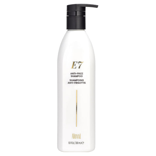 ALOXXI E7 anti-frizz shampoo bottle pour for smooth, frizz-free styling.