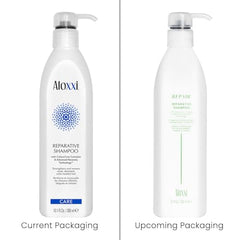 ALOXXI Reparative Shampoo label closeup and advanced recovery technology emphasis