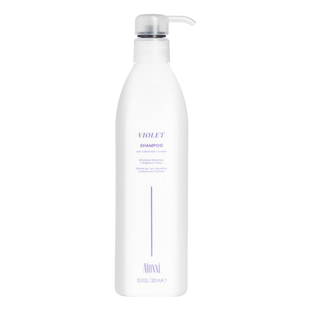 ALOXXI violet shampoo bottle pour neutralizes brass and cools blonde tones