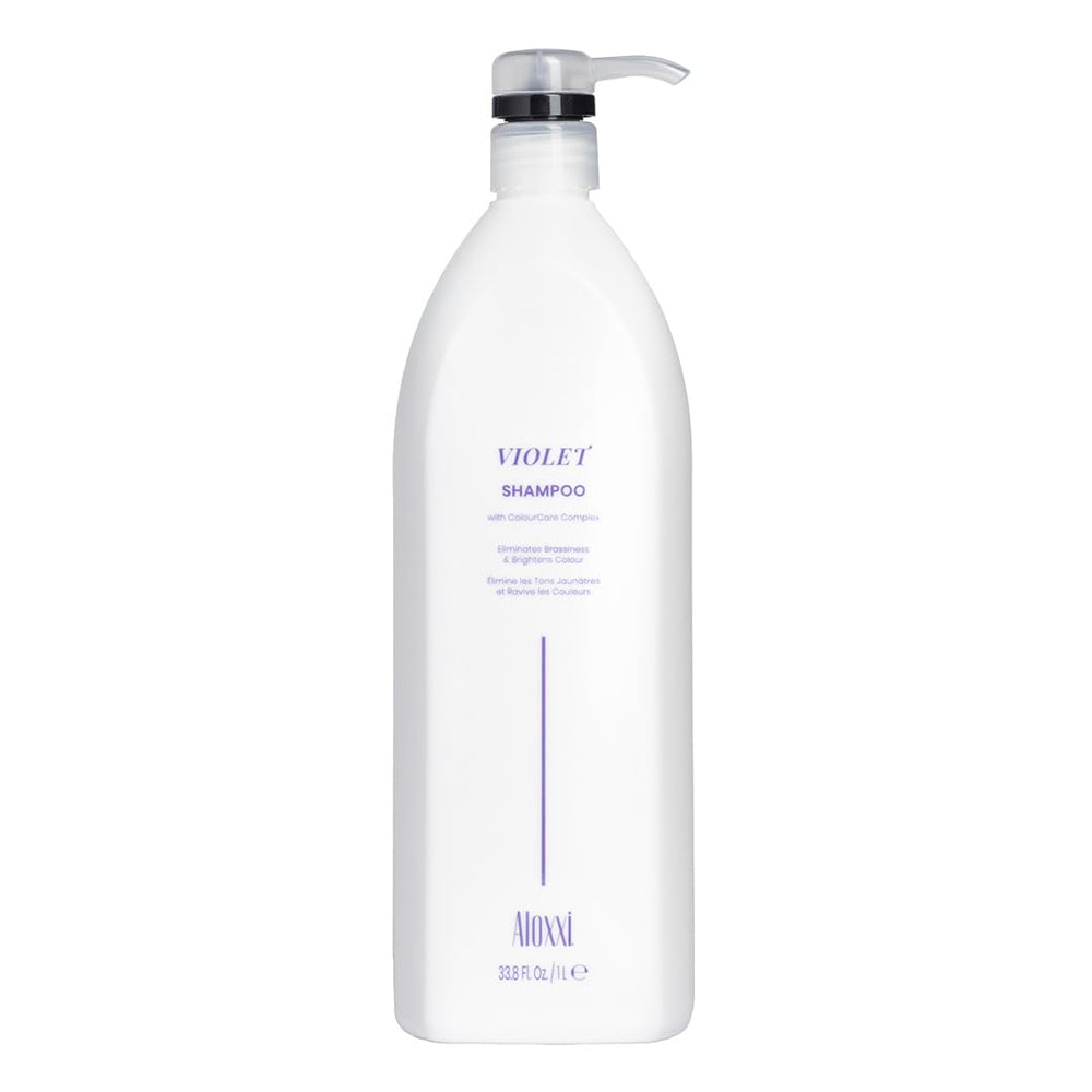 ALOXXI Violet Shampoo bottle with purple pigments neutralizing brassiness for blonde tones