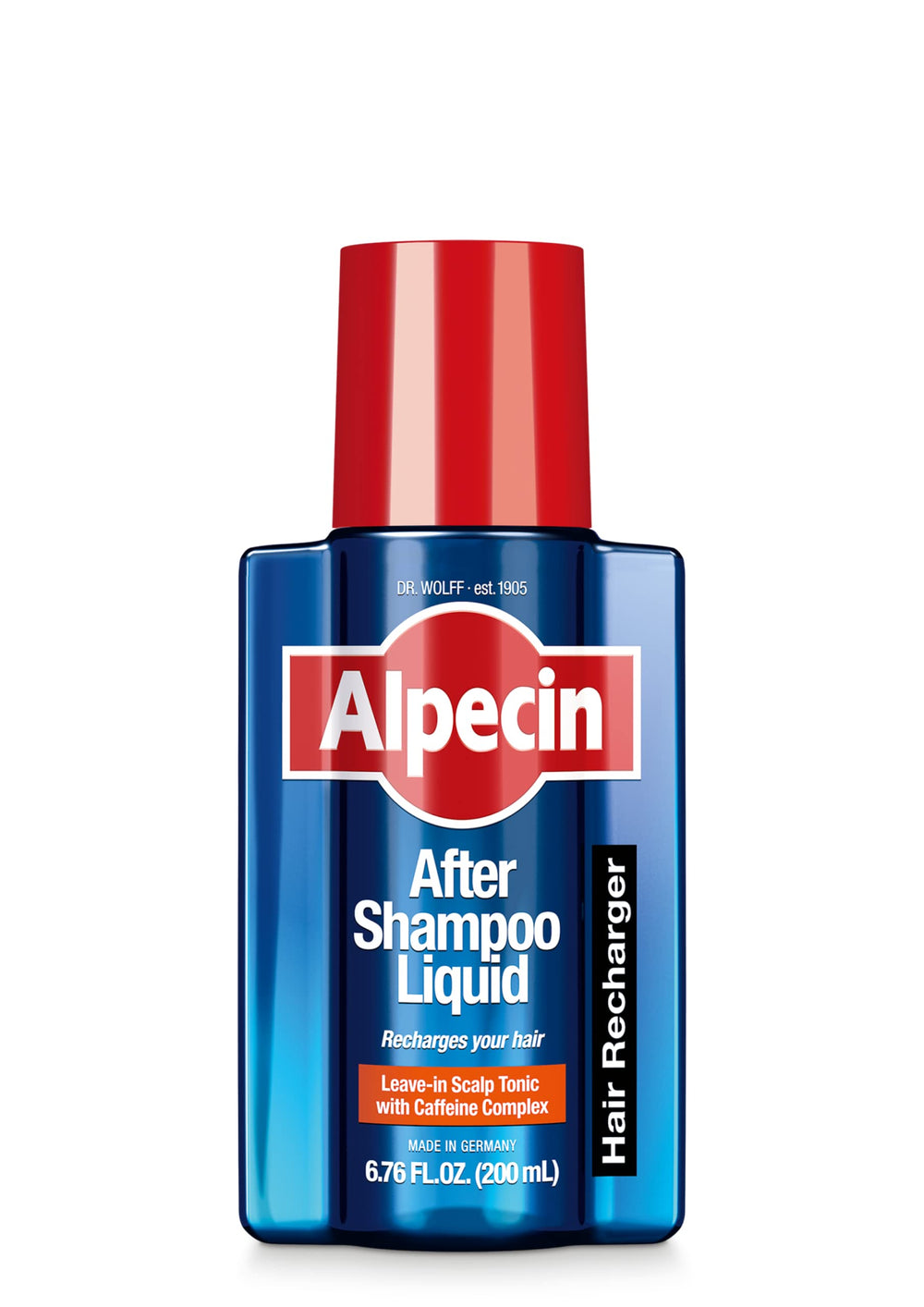 Alpecin After Shampoo Liquid bottle side view highlights zinc and niacin for scalp care.