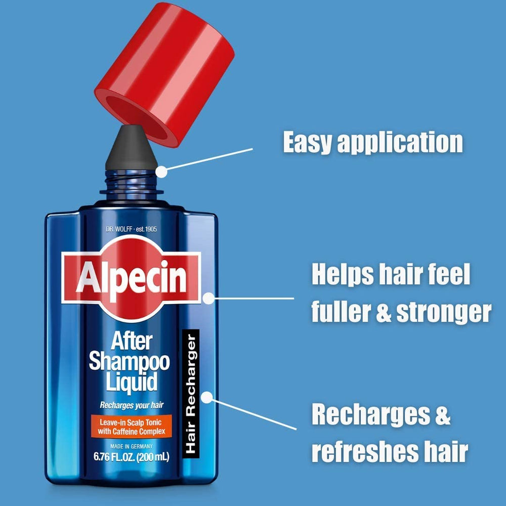 Alpecin After Shampoo Liquid pour shot demonstrates easy daily application.