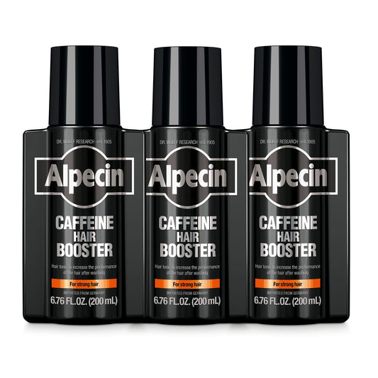Alpecin caffeine hair booster bottle pour demonstrates energizing scalp care.