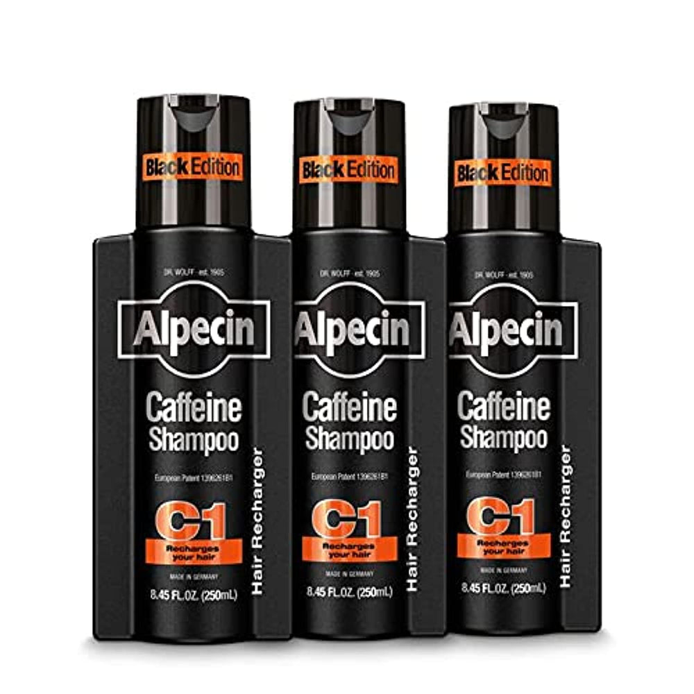 Alpecin Caffeine Shampoo C1 Black Edition bottle pour for energizing scalp cleanse
