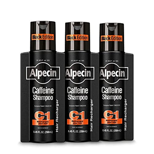 Alpecin Caffeine Shampoo C1 Black Edition bottle pour for energizing scalp cleanse