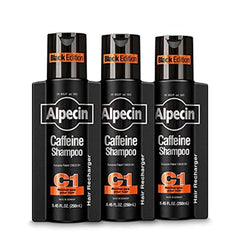 Alpecin Caffeine Shampoo C1 Black Edition bottle pour for energizing scalp cleanse