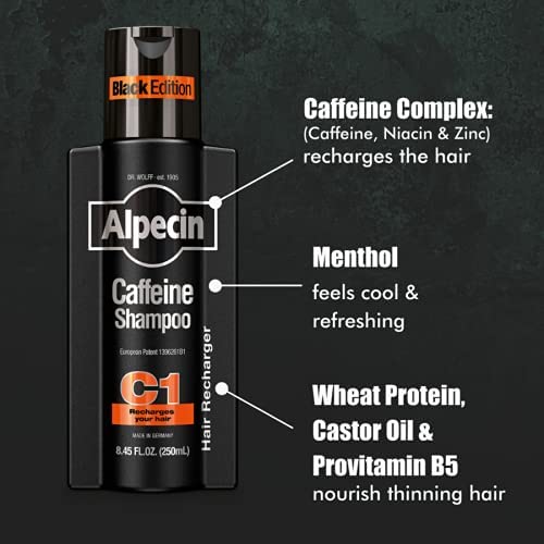 Alpecin Caffeine Shampoo C1 Black Edition label closeup highlighting robust formula