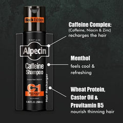 Alpecin Caffeine Shampoo C1 Black Edition label closeup highlighting robust formula