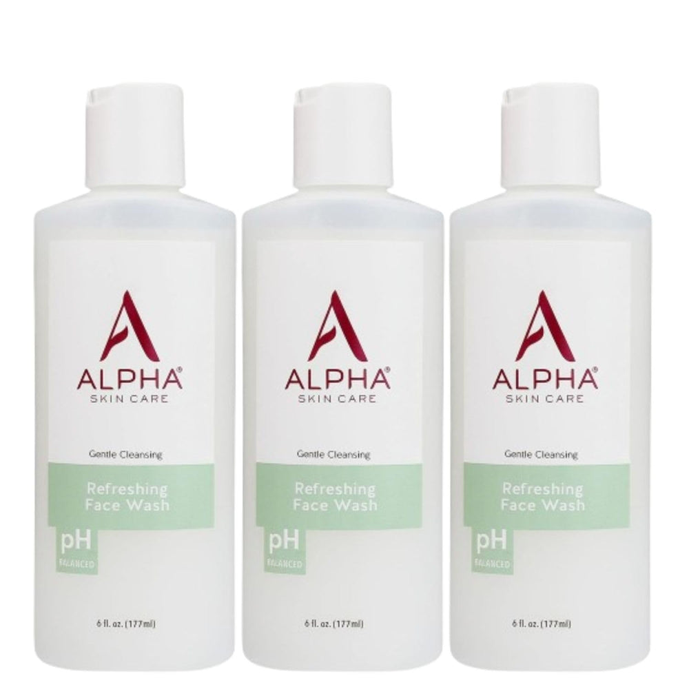 Alpha Skin Care Refreshing Face Wash bottle showcases cleansing and pH balance for all skin types.