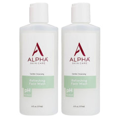 Alpha Skin Care Refreshing Face Wash bottle with label showing gentle cleansing for all skin types.