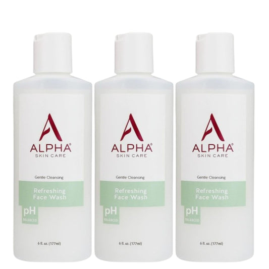 Alpha Skin Care Refreshing Face Wash bottle showcases cleansing and pH balance for all skin types.