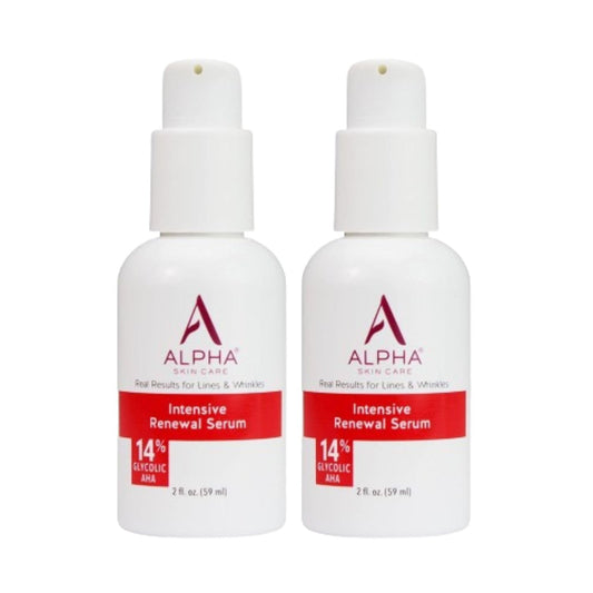 Alpha Skin Care Renewal Serum bottle showing 14% glycolic AHA for smoother skin