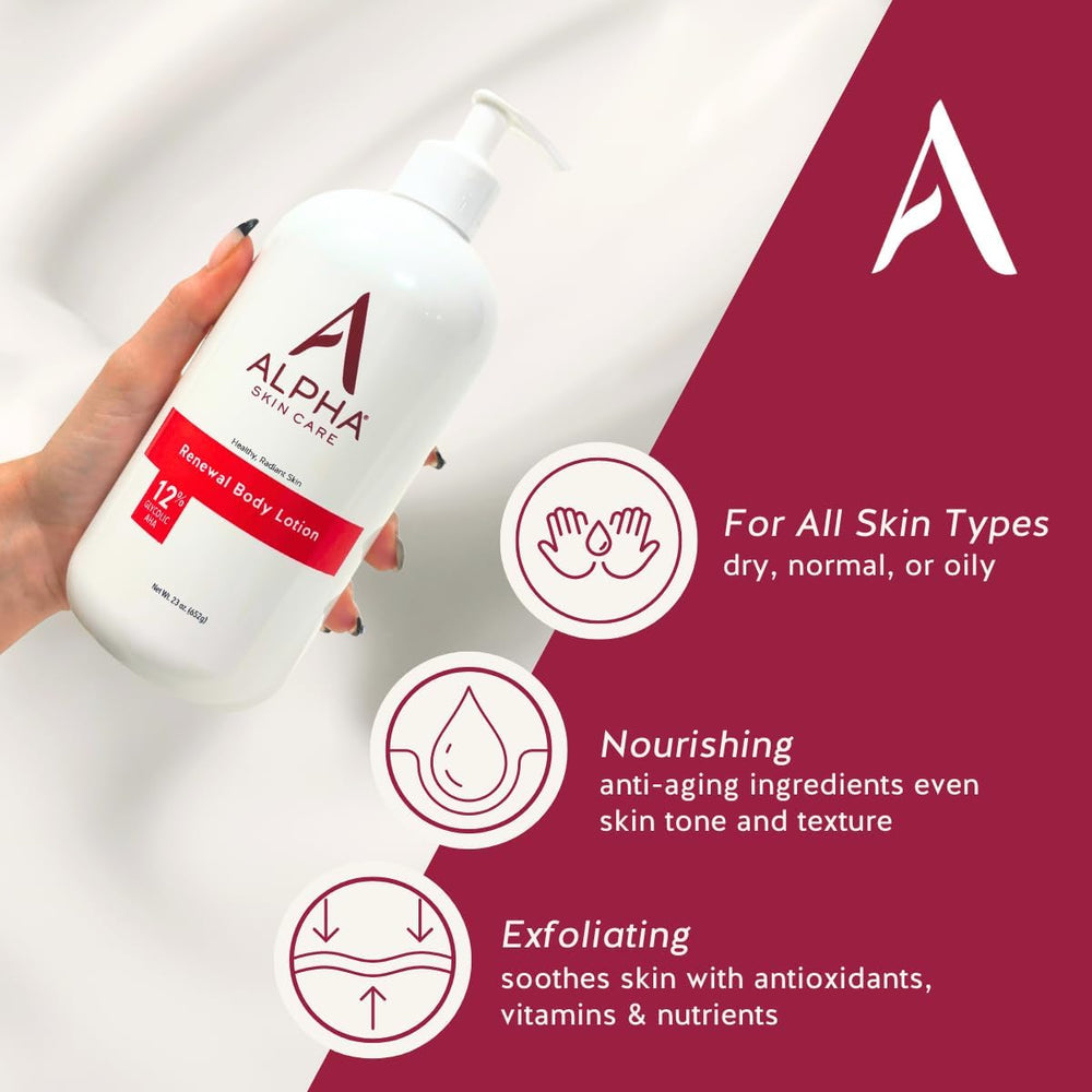 Alpha Skin Care Revitalizing Body Lotion texture showing rich hydration and smooth skin.