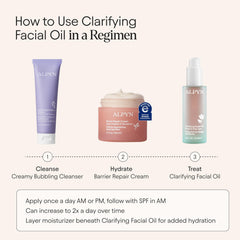 Graphic of clinical actives beside Alpyn Clarifying Oil for enhanced texture.