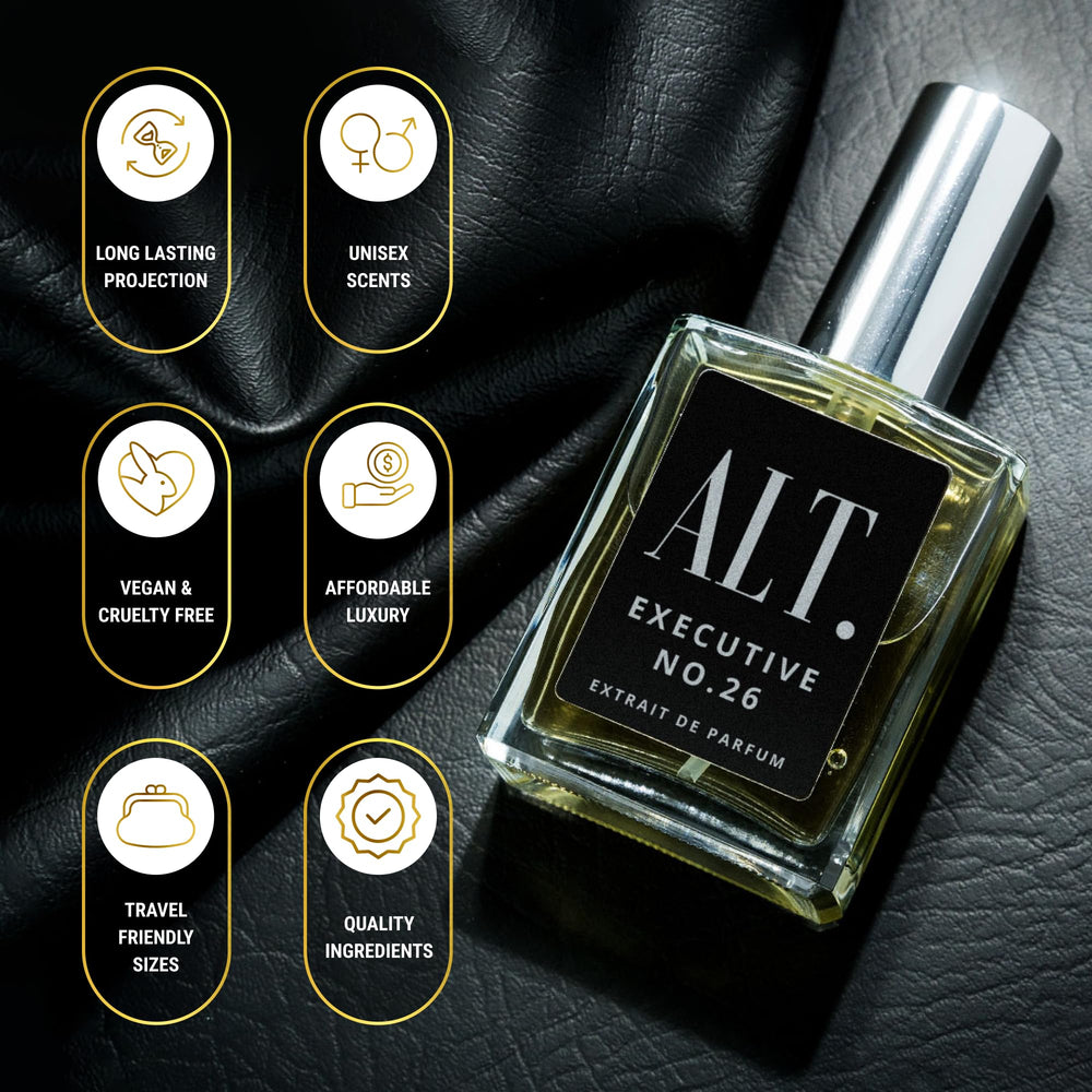 ALT. Fragrances Executive No.26 bottle spray shot for confident daytime wear.