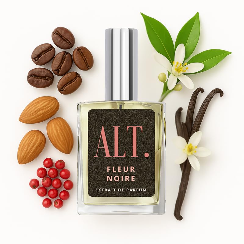 ALT. FRAGRANCES Fleur Noire bottle pour shows a bold, lasting scent for on-the-go use