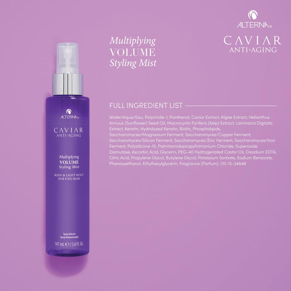 Mist applied to damp hair for added fullness and easier styling with Alterna product.
