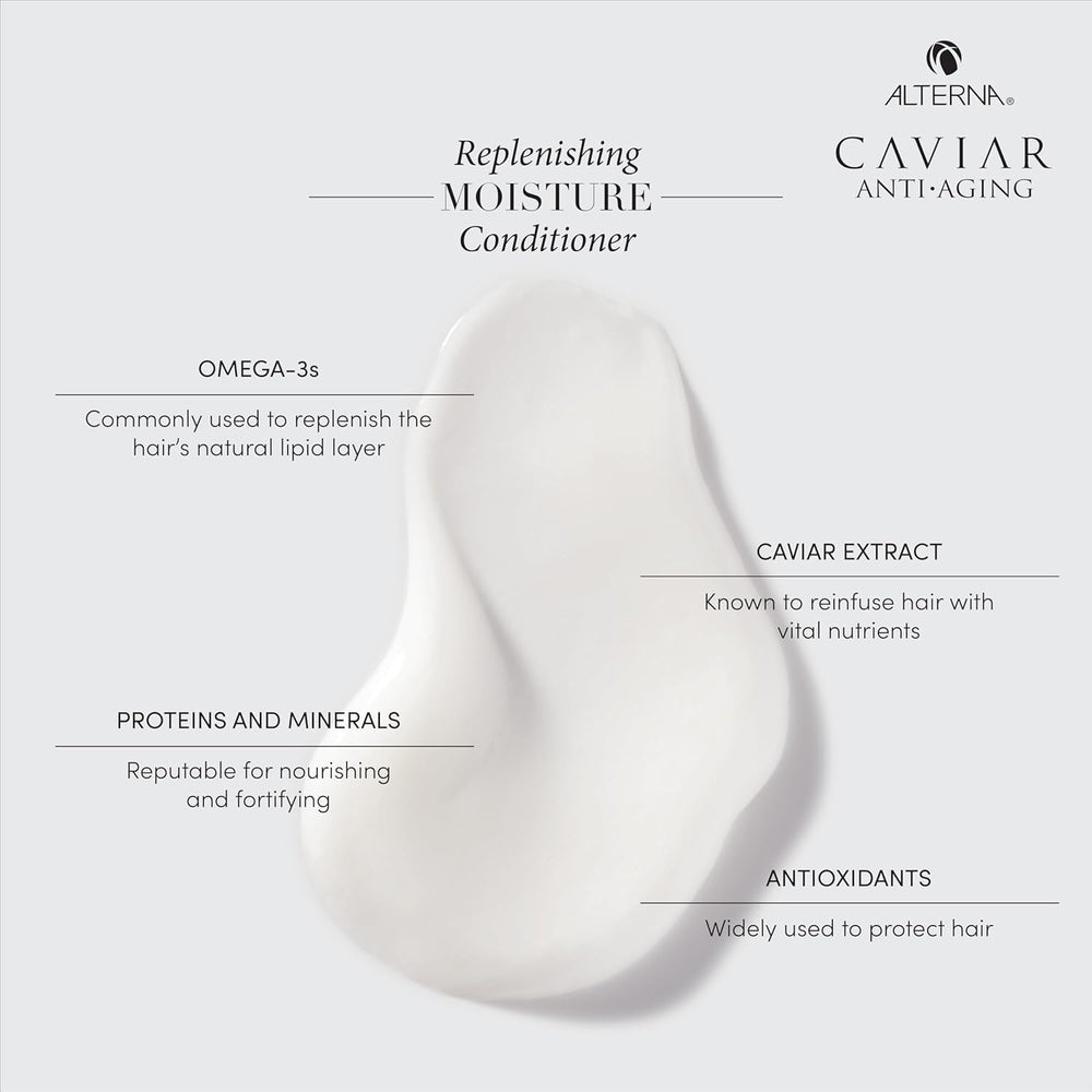 Alterna Caviar Anti-Aging shampoo texture close-up with glossy, hydrated strands