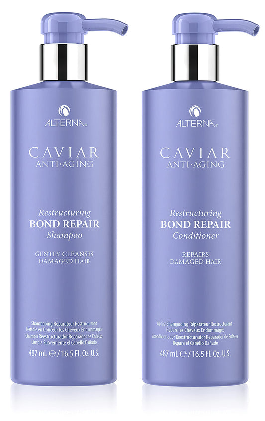Alterna CAVIAR Bond Repair Shampoo bottle promotes stronger, healthier hair.