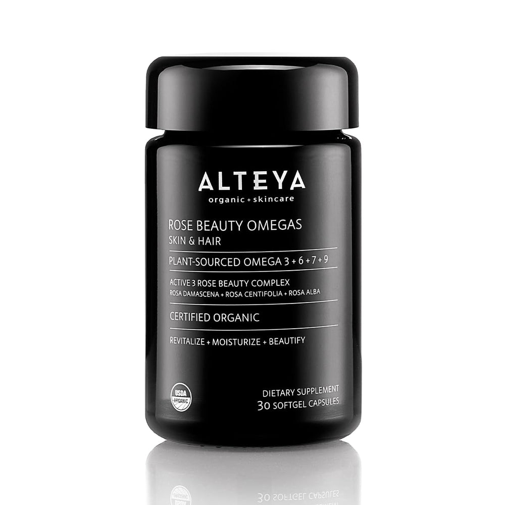 Alteya Beauty Omega bottle shows premium capsule blend for healthy skin, hair, and nails
