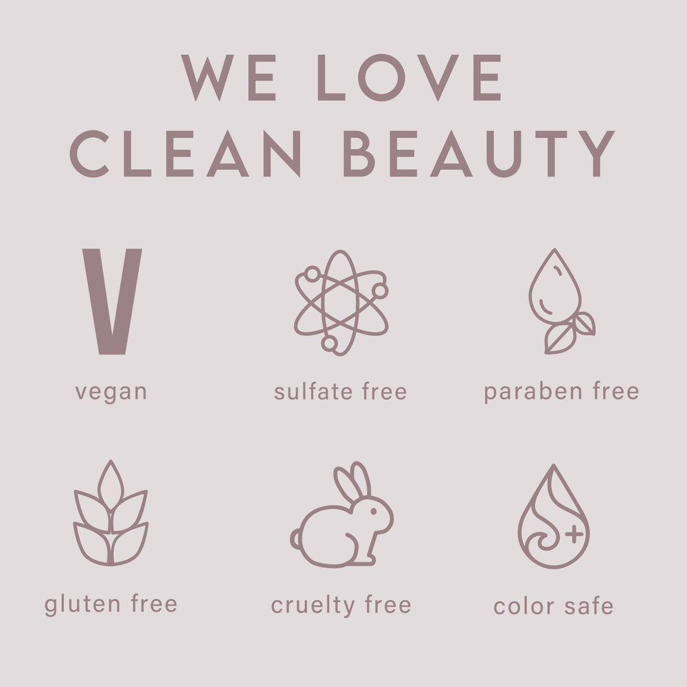 Vegan, clean formula label emphasizes ethical beauty.