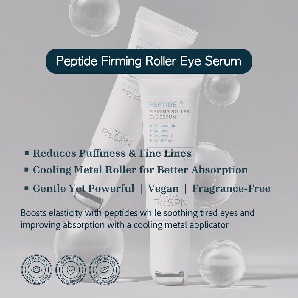 AlwayNu Re.SPN roller-eye-serum-closeup with cooling metal roller for under-eye care.