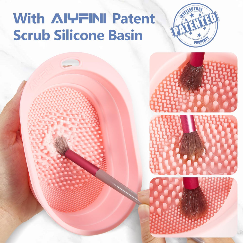 Alyfini cleaner dissolving makeup residue on a brush.